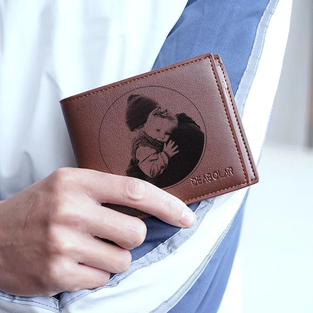 Men's classic leather zip-around wallet, presented as a gift.