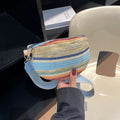 Bohemian style straw women's shoulder bag with shell shape and single strap in pink or blue colour