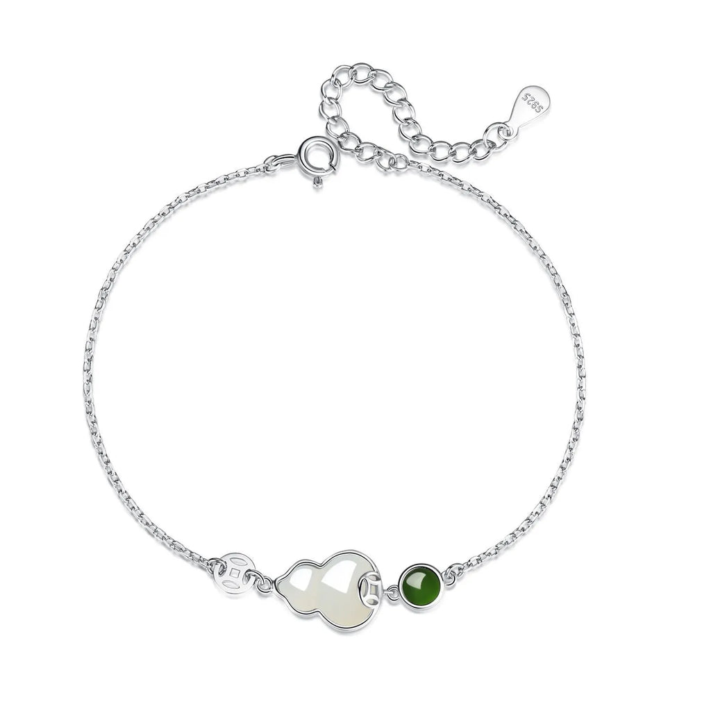Sterling silver bracelet with natural Hetian jade flower and gourd design Chinese style women's jewellery