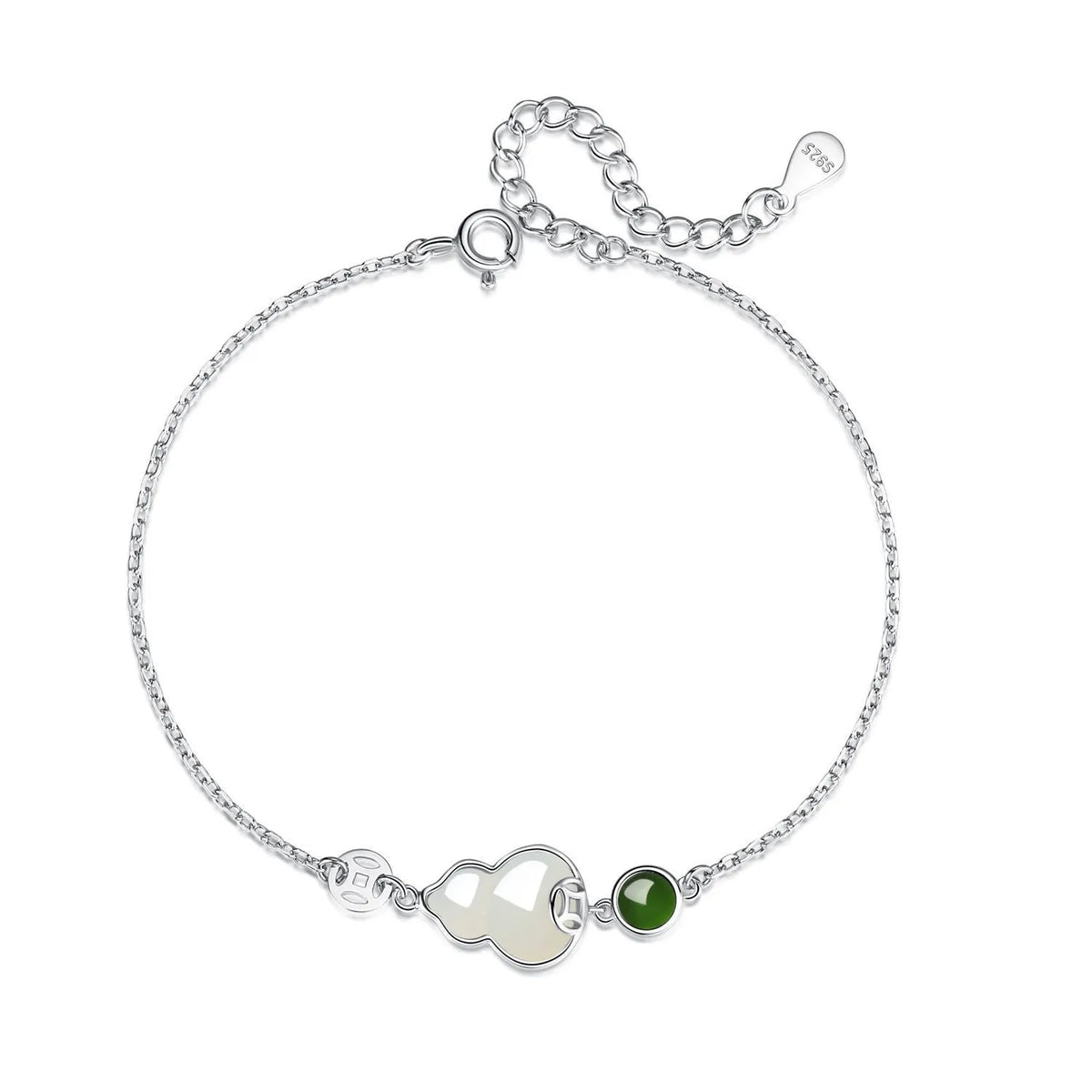 Sterling silver bracelet with natural Hetian jade flower and gourd design Chinese style women's jewellery