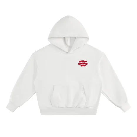 White thin no-drawstring hooded pocket sweatshirt for women, loose fit pullover with printed details, front view