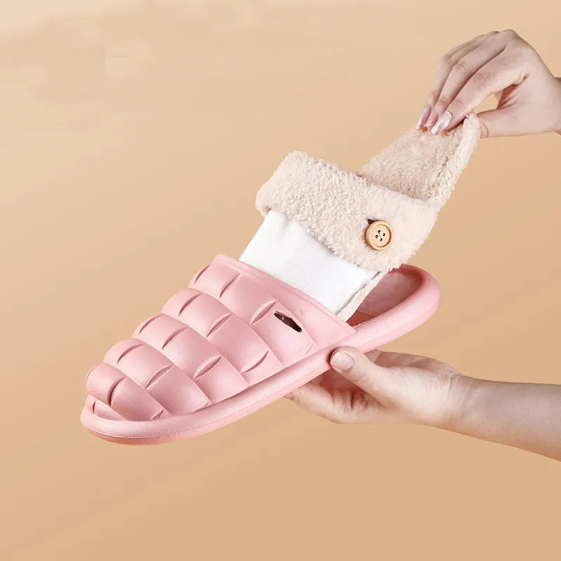 Women's detachable plaid EVA slippers with plush lining in multiple colours.