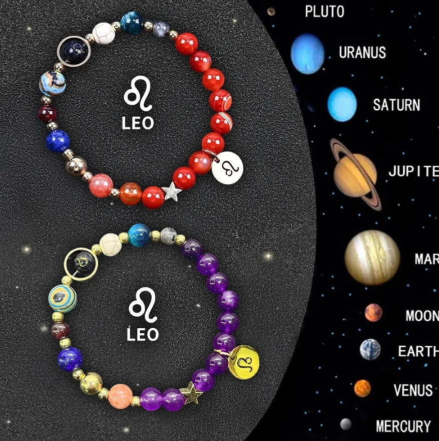 Set of two natural stone beaded bracelets with adjustable cords for zodiac signs.