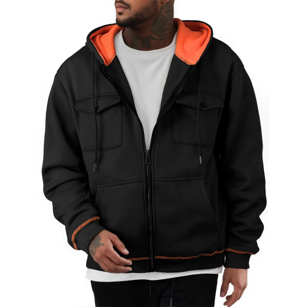 Men's plus size zipper sweater with wool lining, loose fit, long sleeve, available in five colours.