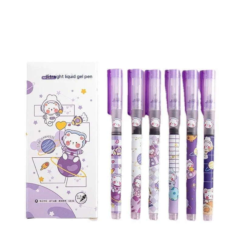 Boxed set of six Marvel cartoon quick-drying gel pens with plastic shell, various refill colours on white background