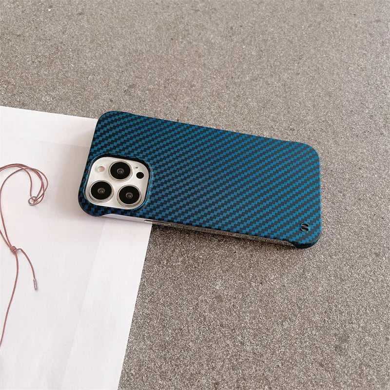Frameless carbon fiber pattern hard shell phone case with kickstand in silver for iPhone 15 Pro