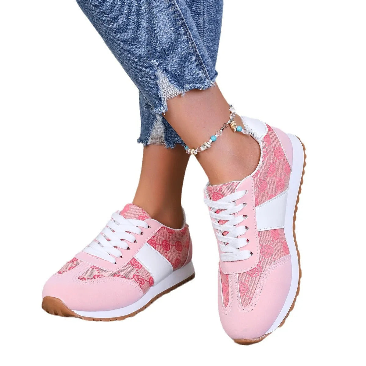 Women's oversized casual lace-up shoes with floral design in khaki colour showing round toe and cross-strap detailing