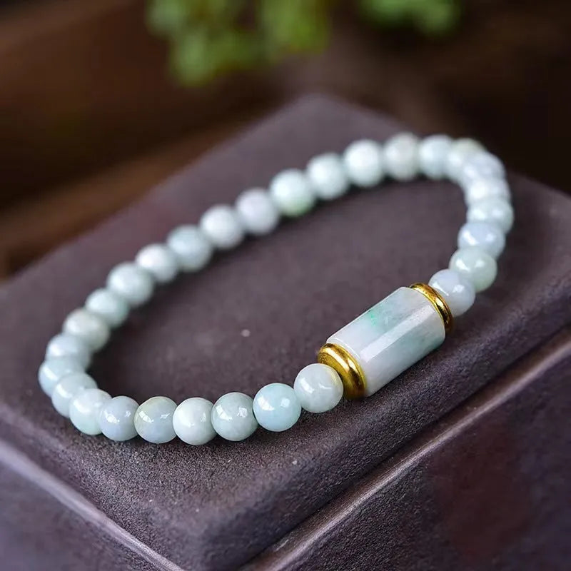 Natural Myanmar jade round bead bracelet with emerald green colour geometric stones