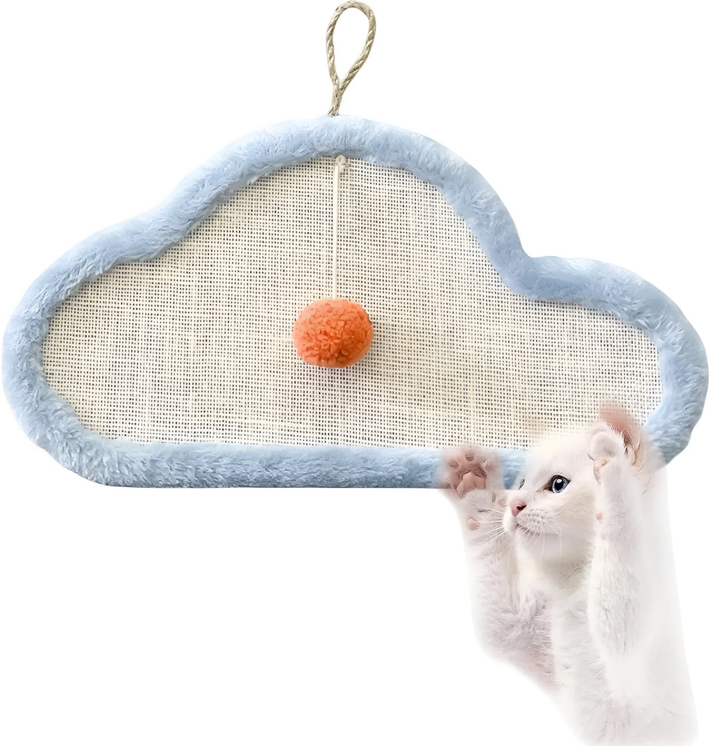 White cat scratching mat with sleeping cat pattern made from natural sisal rope