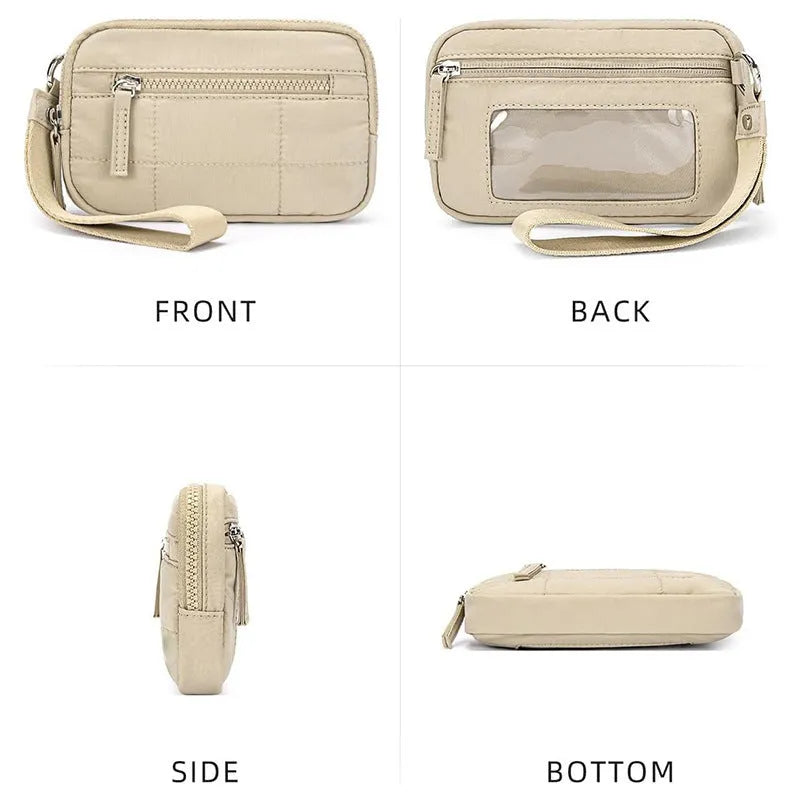 Women's waterproof quilted handbag in a light colour with a transparent front deck panel.