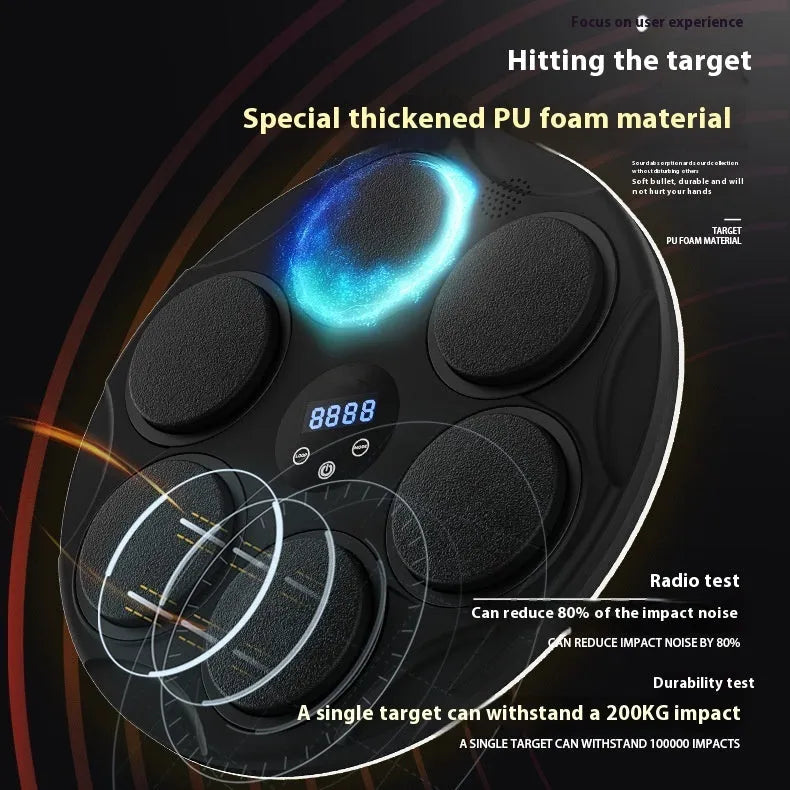Black smart Bluetooth boxing target with coloured LED lights mounted on wall for fitness training
