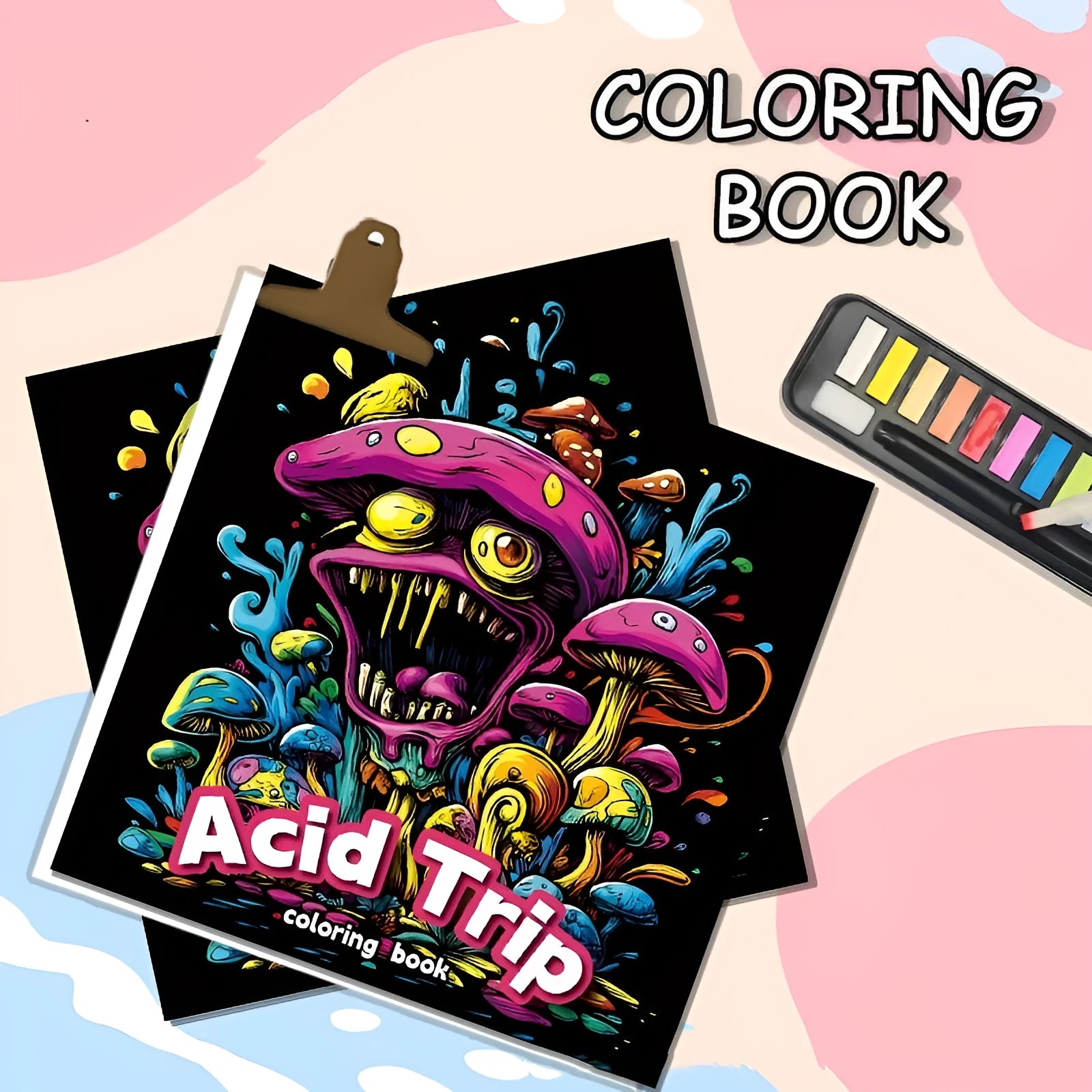 Acid tour coloured painting book, 200mm in length, lying open on a surface.