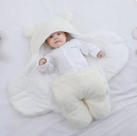 Baby hugging bag cotton lamb wool swaddling quilt in blue thickened version, 80x85cm size, on a soft surface