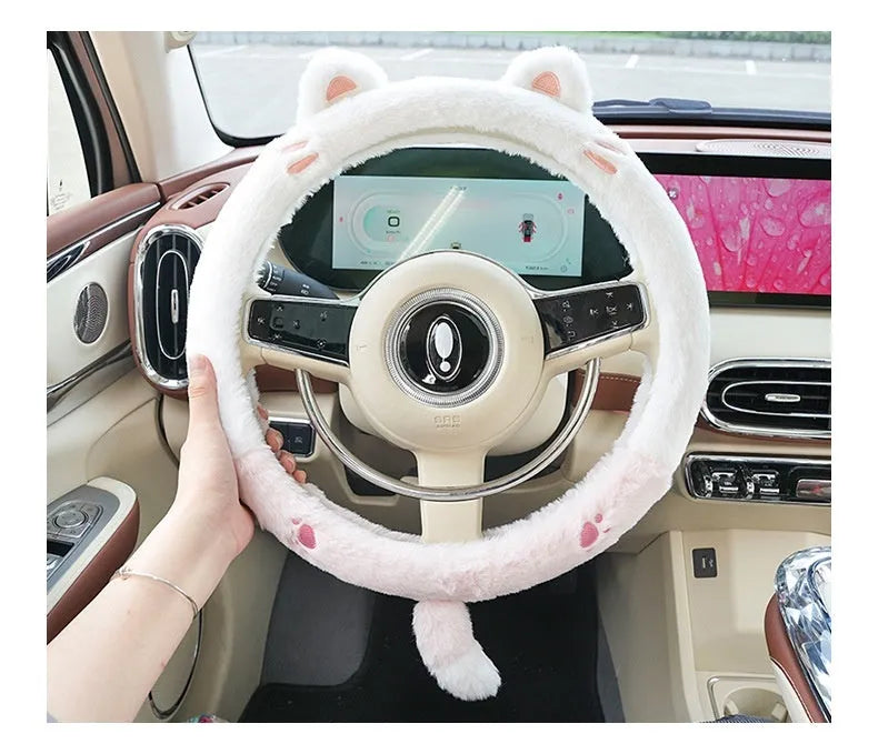 Plush rabbit fur steering wheel cover with embroidered cartoon animal design for winter thermal comfort