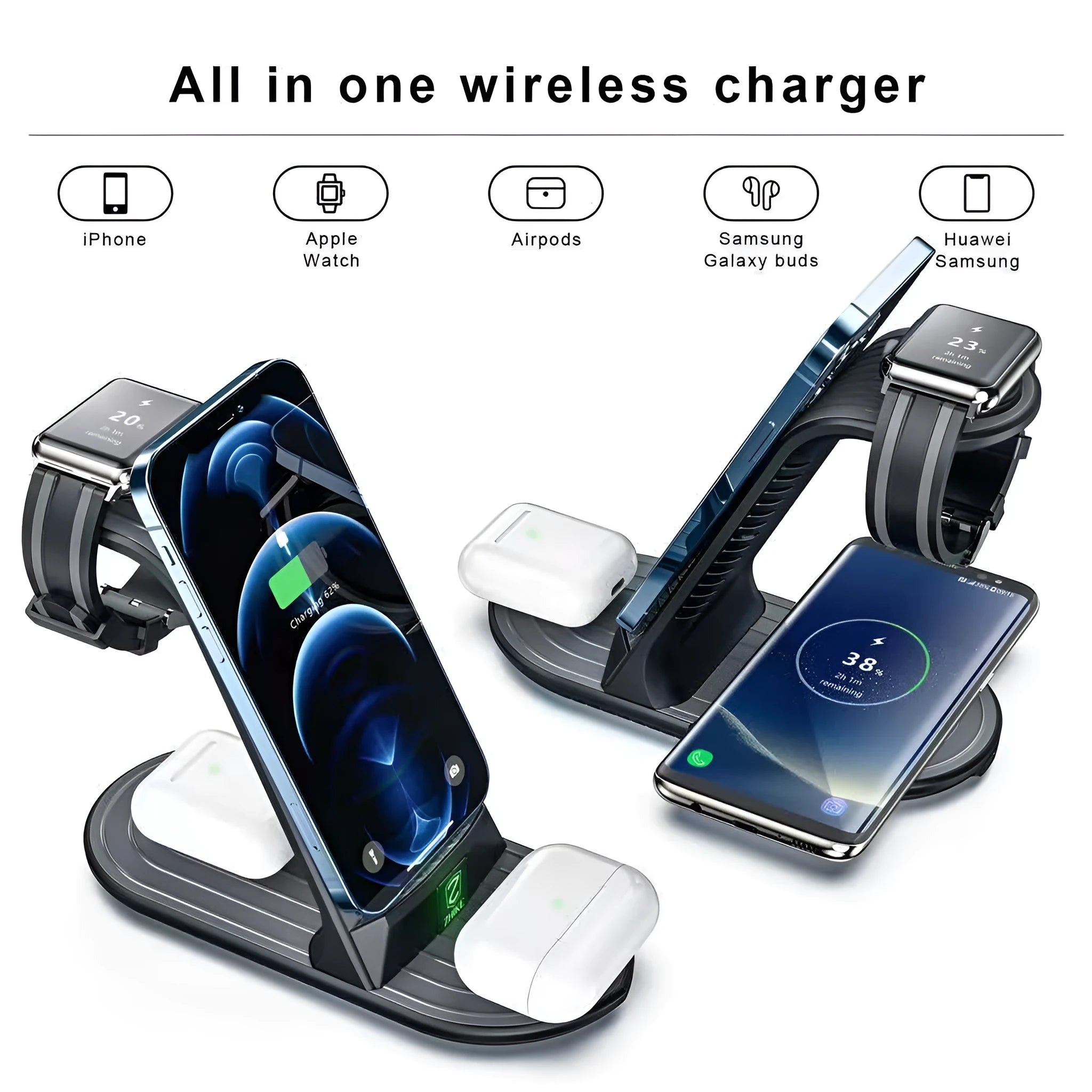 Four-in-one wireless charger in black for Apple iPhone, iWatch, and headset, with cable and adapter