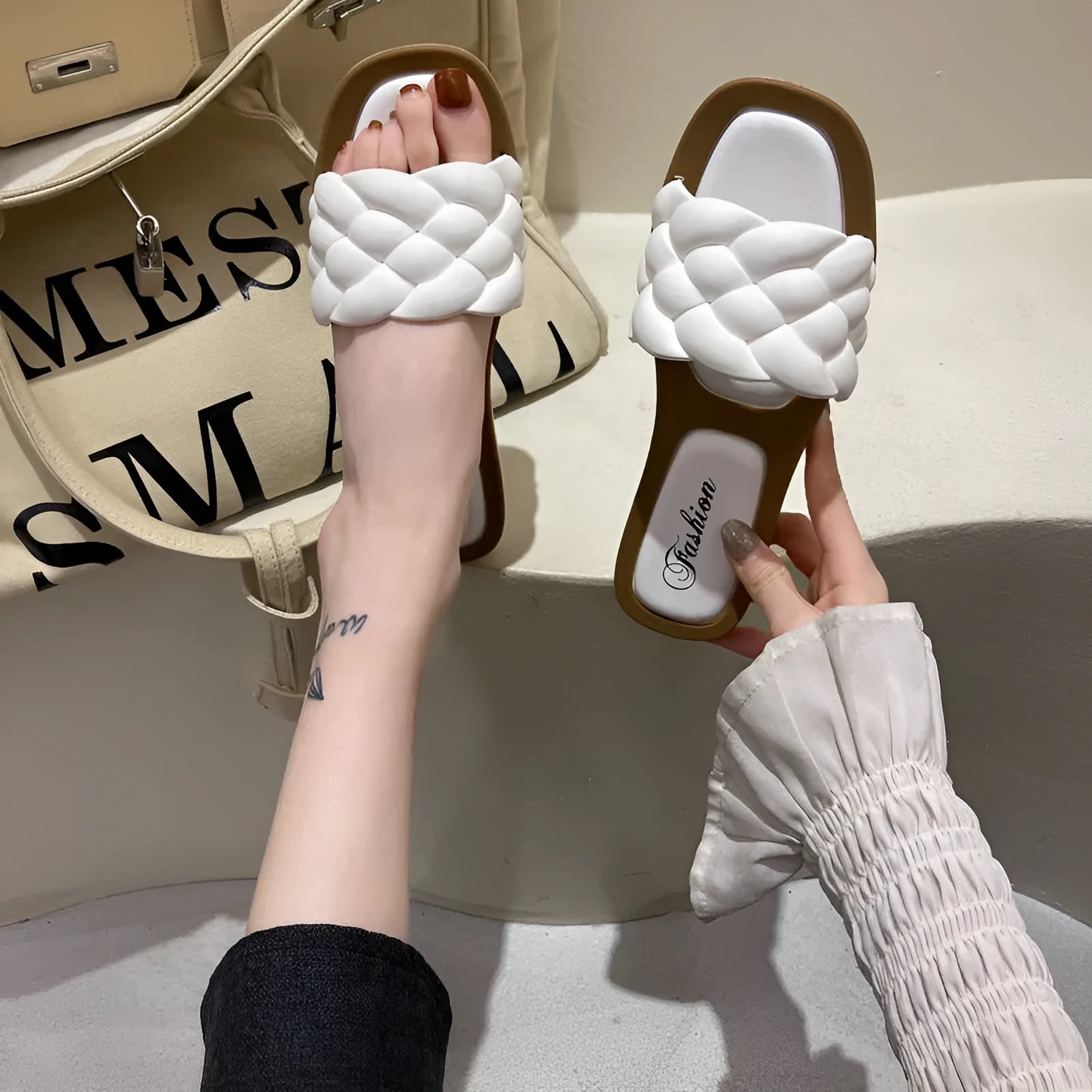 Women's plaid pattern PVC beach sandals with thick anti-skid sole in black, green, orange, or white.