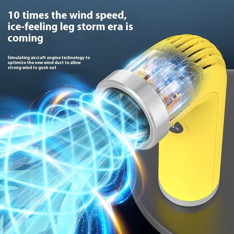 Bladeless mini desk fan in apricot colour with lithium battery and turbine cooling mechanism