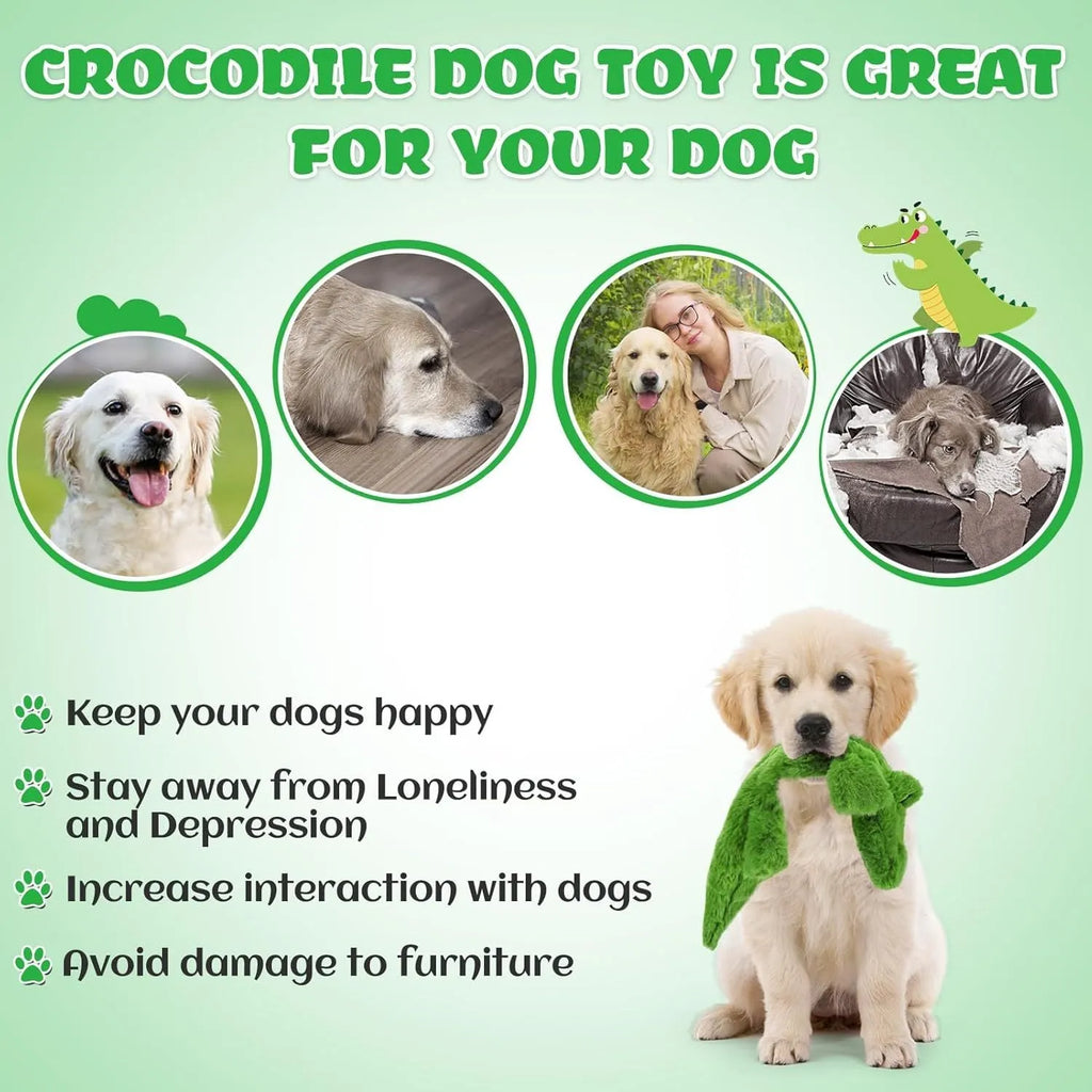Green crocodile plush dog toy with no stuffing design for aggressive chewers