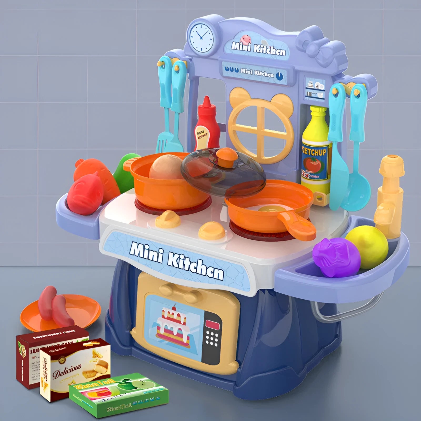 Plastic simulation kitchen toy set for children's pretend cooking play with dining kitchen style