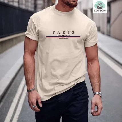 Men's loose fit short sleeve T-shirt with a letter print, shown in apricot colour.