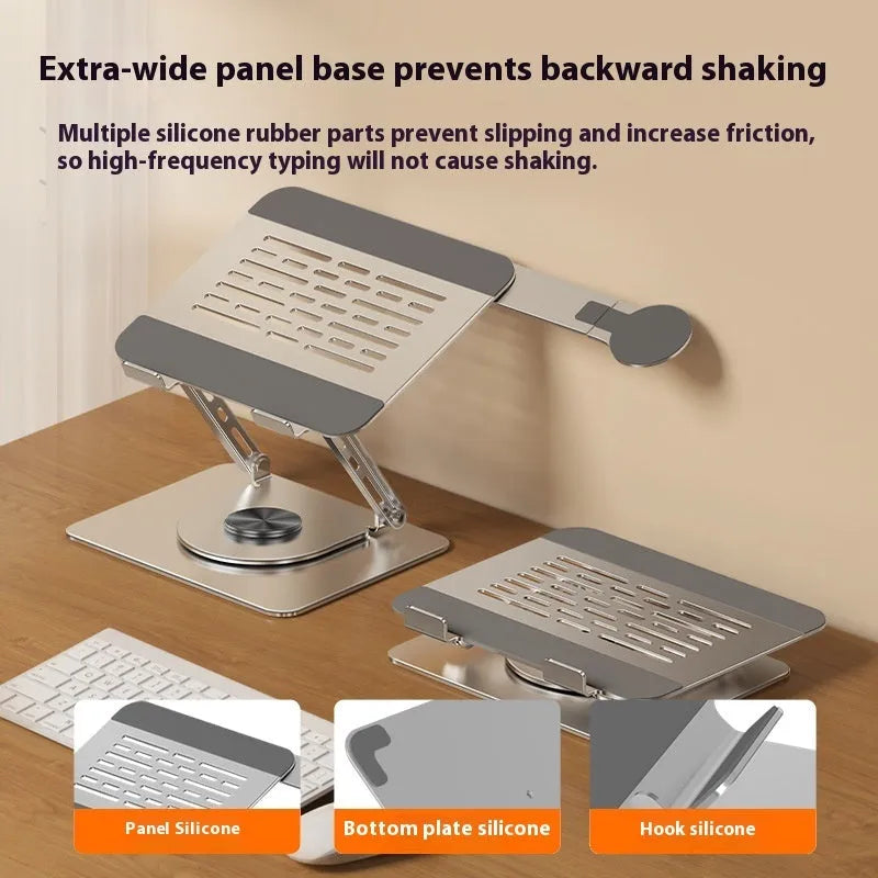 Silver carbon steel laptop stand with rotating platform and side-mounted magnetic phone holder