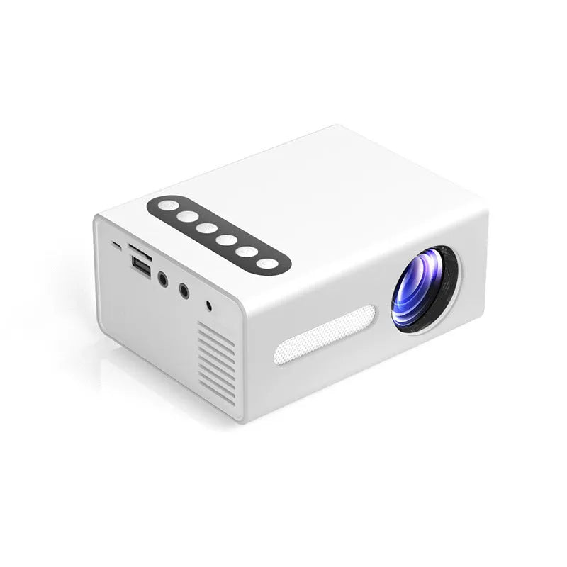 Mini LED projector in black, blue or yellow with HD 1080P support, 16-100 inch screen, HDMI USB AV ports.