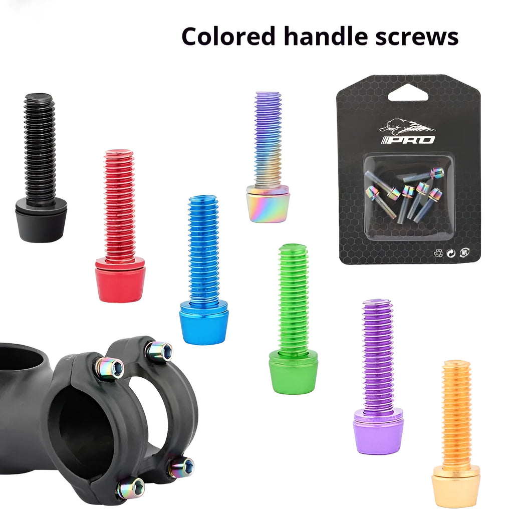 Set of six coloured M5 stainless steel mountain bike riser bar fixing screws on a card.