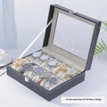Grey high-grade leather watch storage box with clear acrylic dustproof lid, showing multiple watch capacity options.