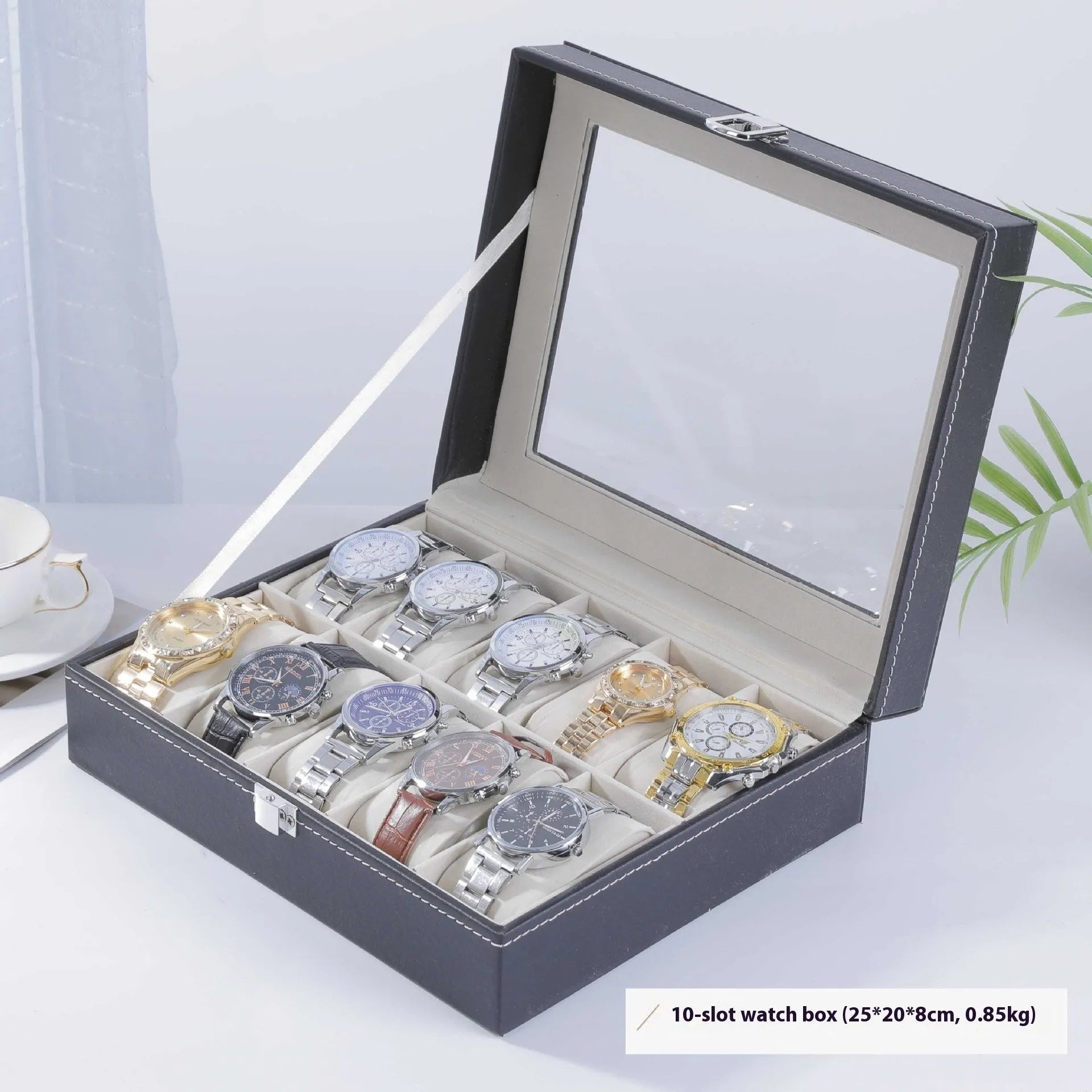 Grey high-grade leather watch storage box with clear acrylic dustproof lid, showing multiple watch capacity options.