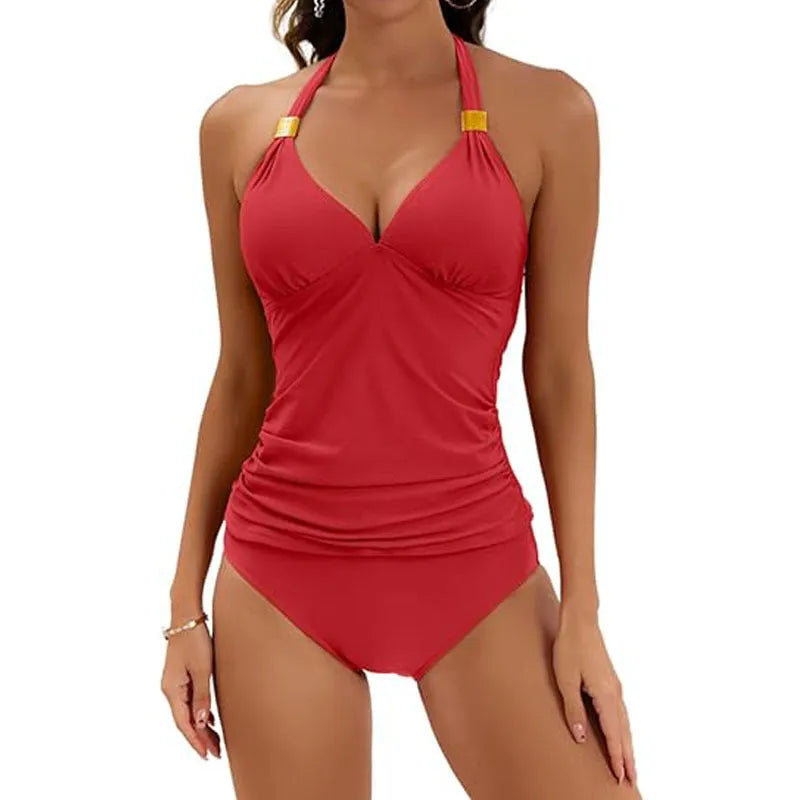 Women's solid colour halter neck two-piece swimsuit with tie sides in Army Green