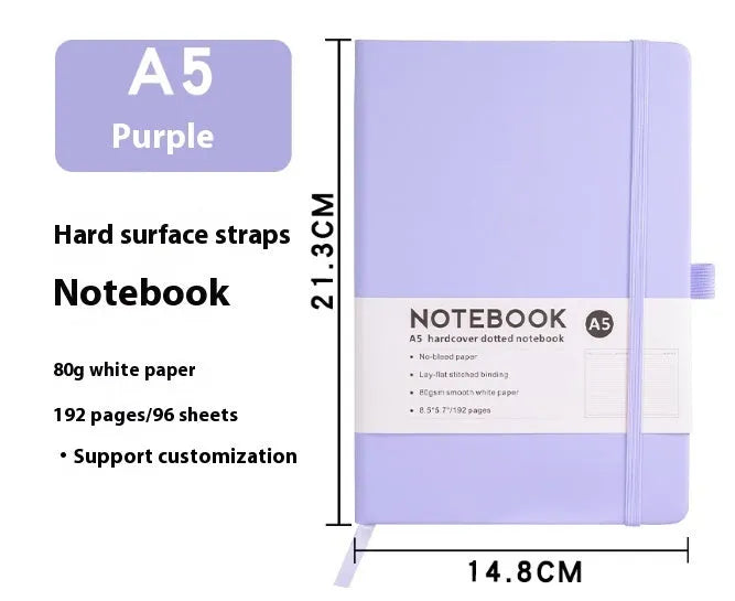 A5 office diary with hand skin feeling PU leather cover and strap closure, open to show horizontal line pages.