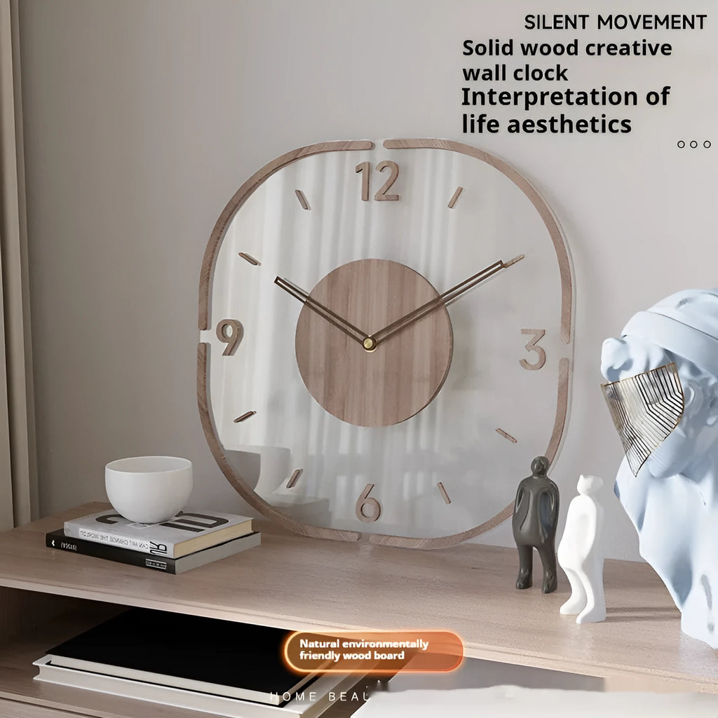 Transparent wooden wall clock with modern silhouette design on wall