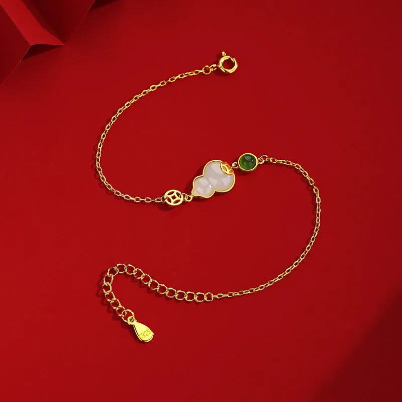 Sterling silver bracelet with natural Hetian jade flower and gourd design Chinese style women's jewellery
