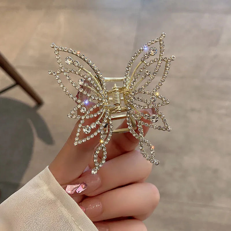 Butterfly-themed alloy hair clip barrette with electroplated finish, either rhinestone or pearl decorative style