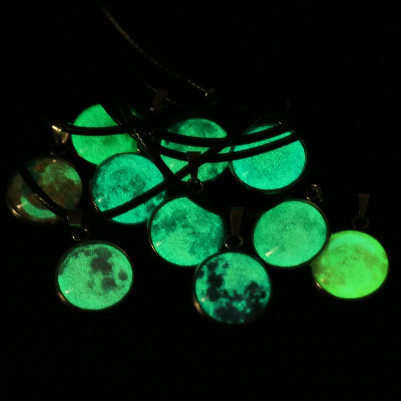 Luminous alloy pendant necklace with constellation design in coloured glass, showing extension chain