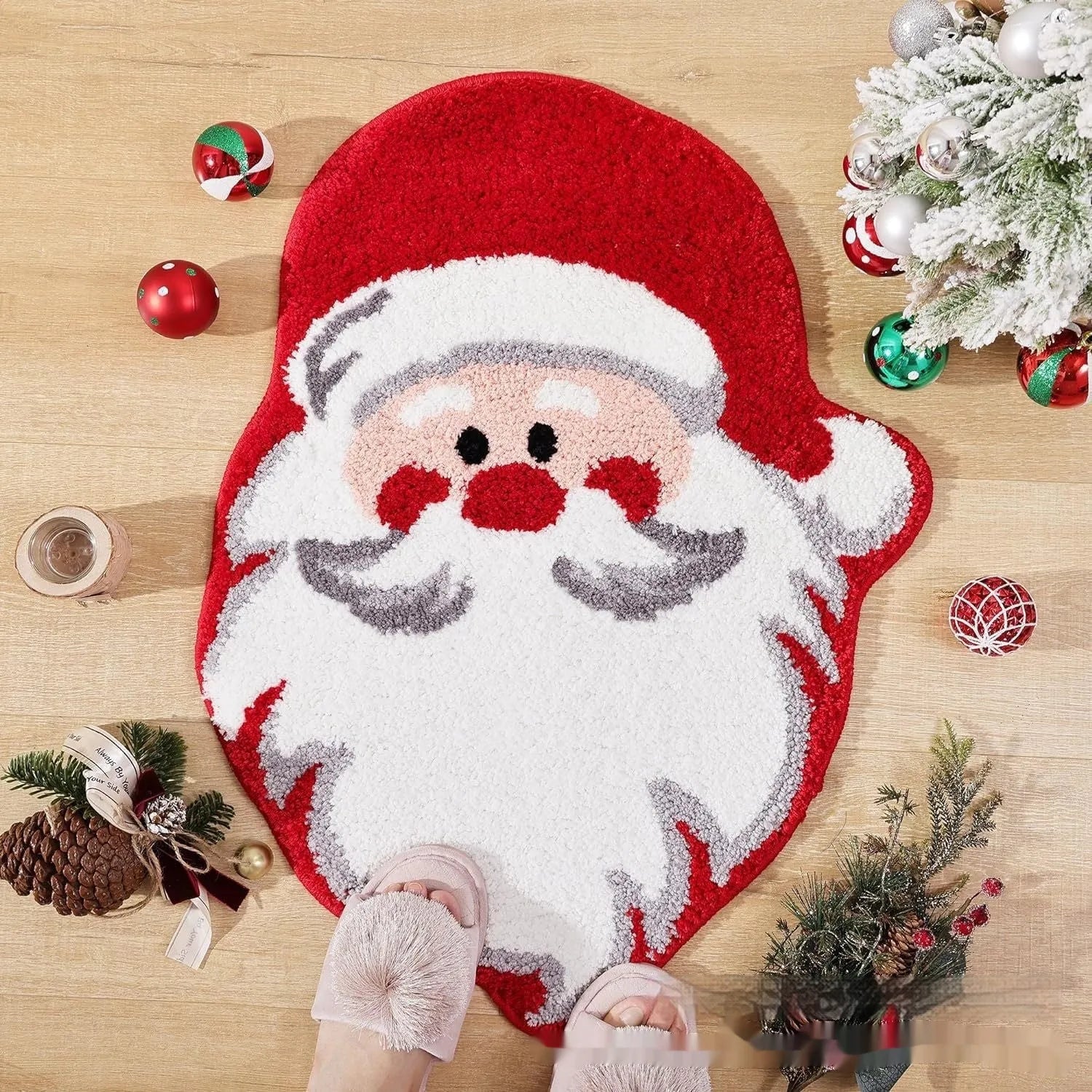 Square Christmas-themed polyester hallway mat with festive print and non-slip backing.