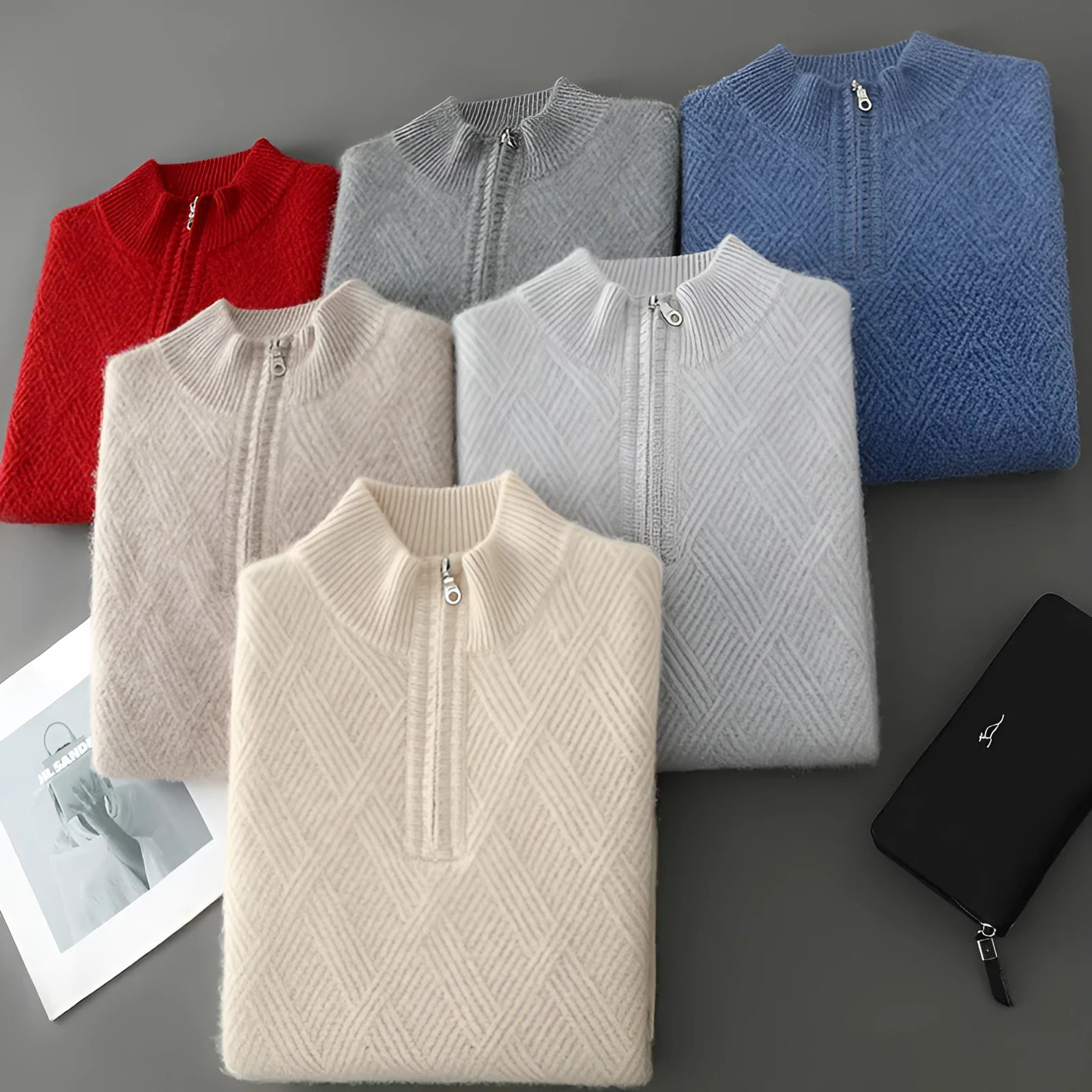Half turtleneck zipper design pure wool knit bottoming shirt in beige colour, loose fit pullover style
