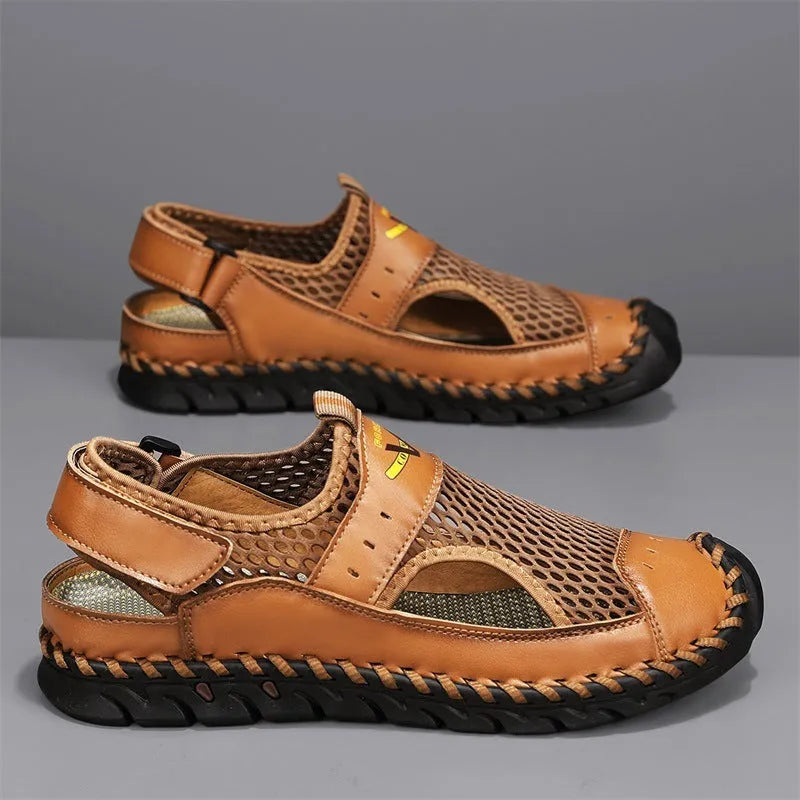 Men's brown breathable mesh casual shoes with genuine leather upper and elastic band