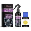 Car tyre polishing agent 100ml PET bottle with sponge and towel on a work surface