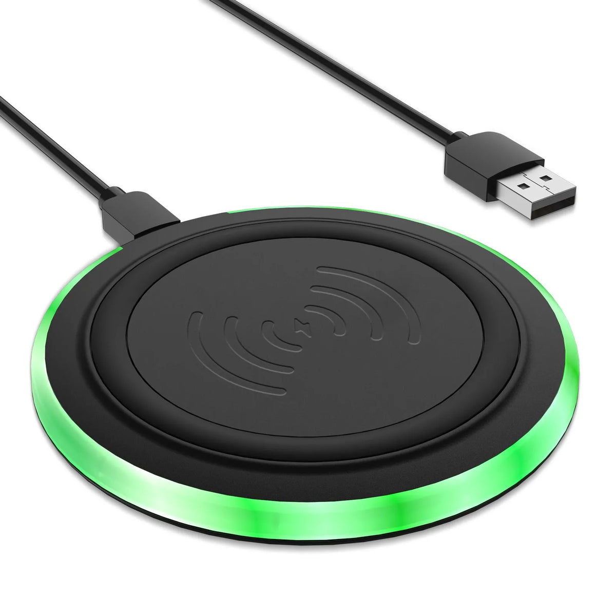 Ultra-thin round 10W desktop wireless phone charger in white, with Type-C port, shown on a desk surface