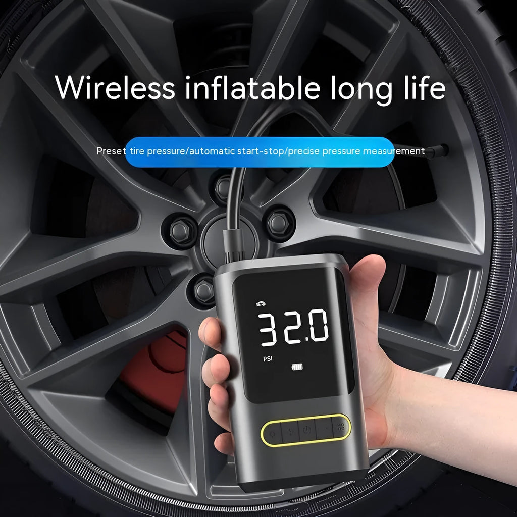 Handheld digital display wireless car tyre inflator with LED light showing pressure reading