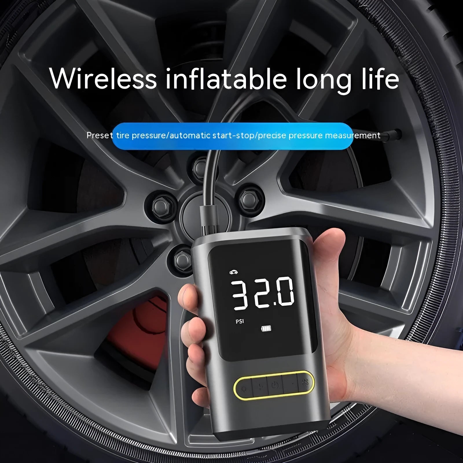 Handheld digital display wireless car tyre inflator with LED light showing pressure reading