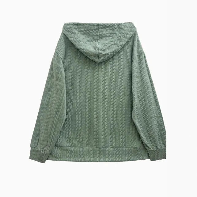 Green women's hooded zip-up coat sweater in a loose Japanese Korean casual style.