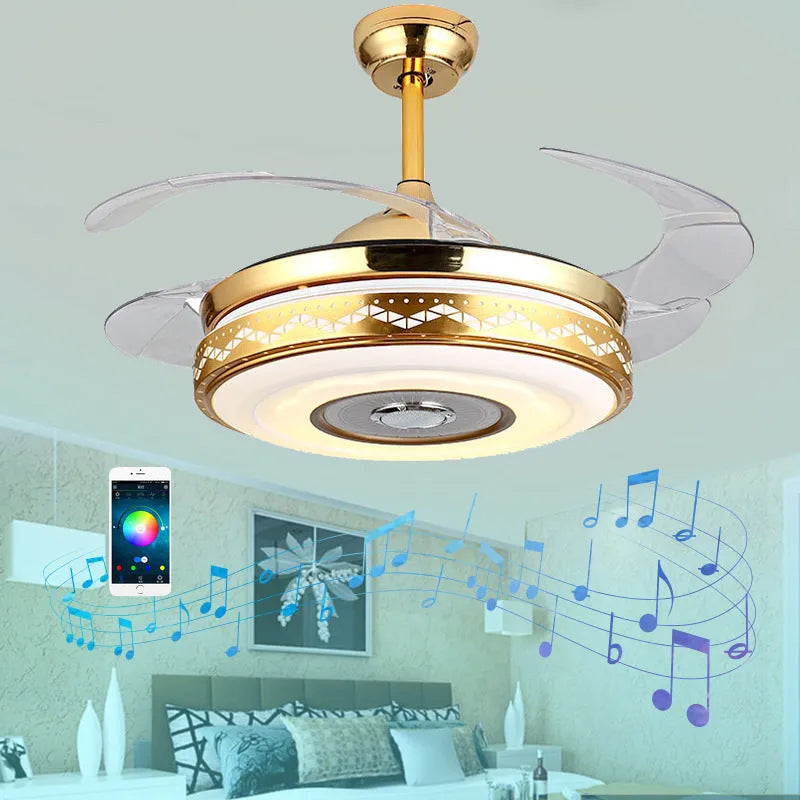 42 inch ceiling fan light with acrylic lampshade, acrylic blades, gold three-tone light, remote control and Bluetooth music model