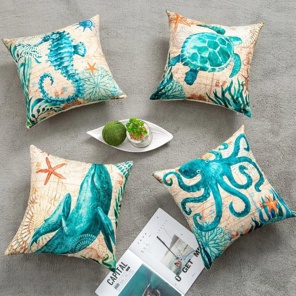 45cm square linen cushion cover with sea turtle pattern and invisible zipper