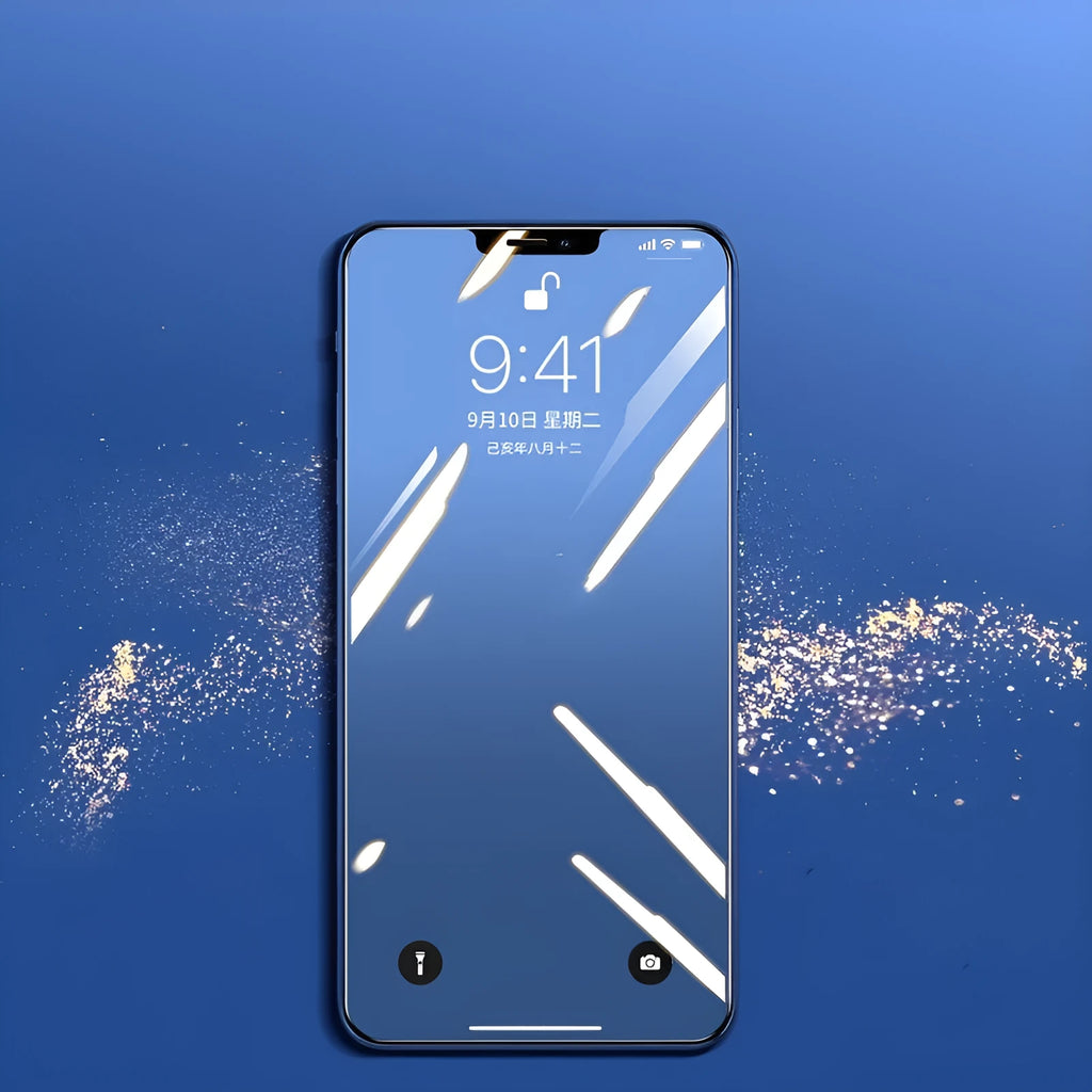 iPhone tempered glass screen protector in black, transparent, and white colours for multiple models.