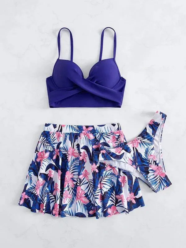 Women's high-waisted three-piece polyester bikini set in three colour options.