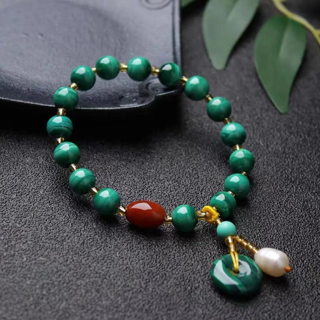 Natural green malachite and red agate stone bracelet with barrel-shaped beads
