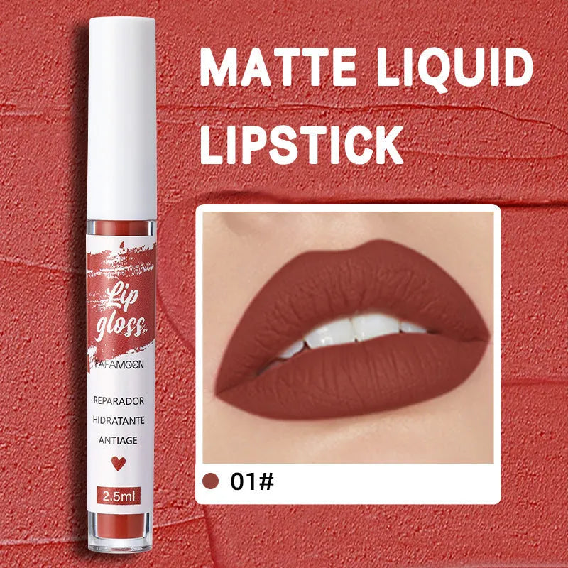Matte velvet lip gloss tube in 2.5ml size with non-stick cup, long-lasting non-fading colour