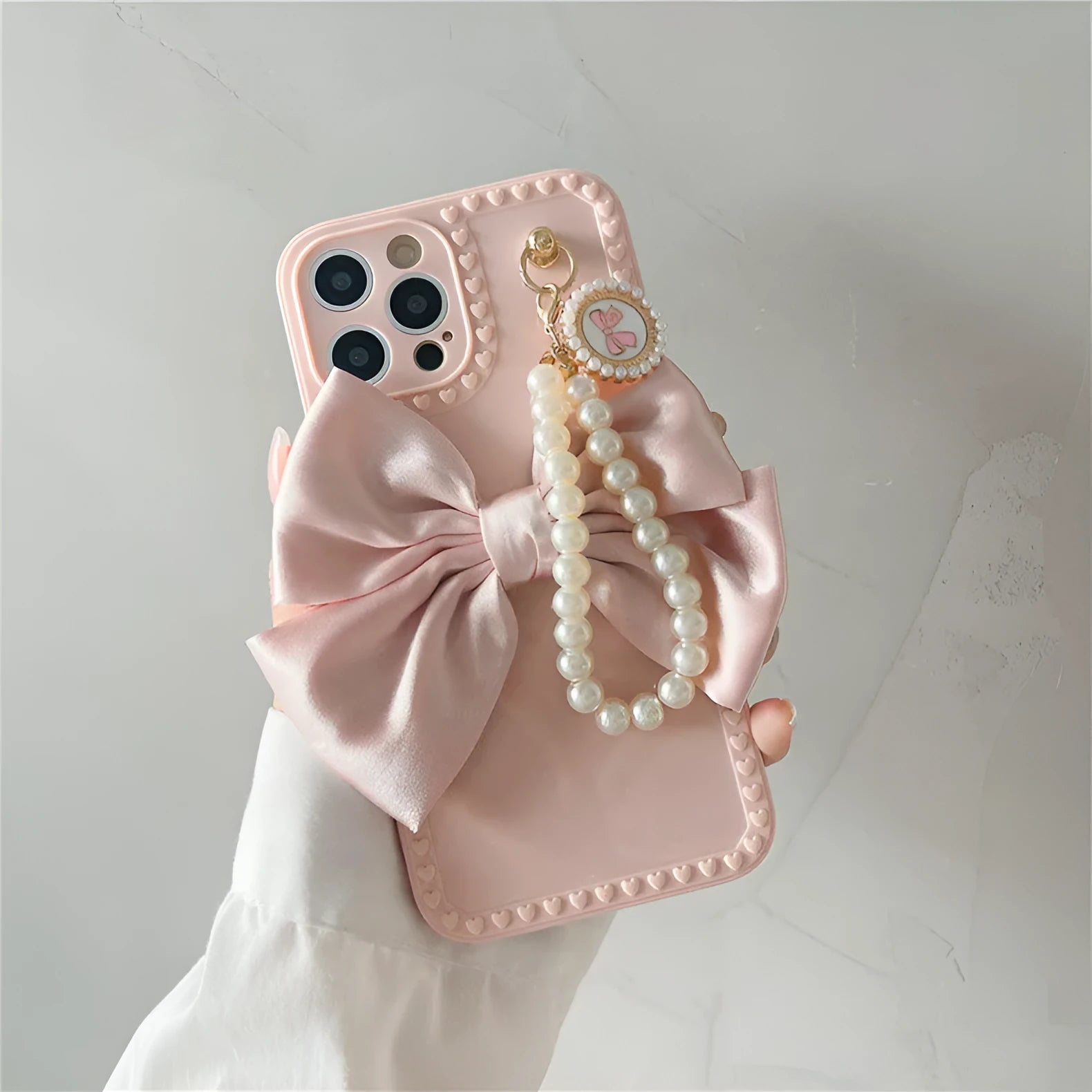 Bowknot pearl chain TPU phone case for iPhone in beige solid colour rear cover style